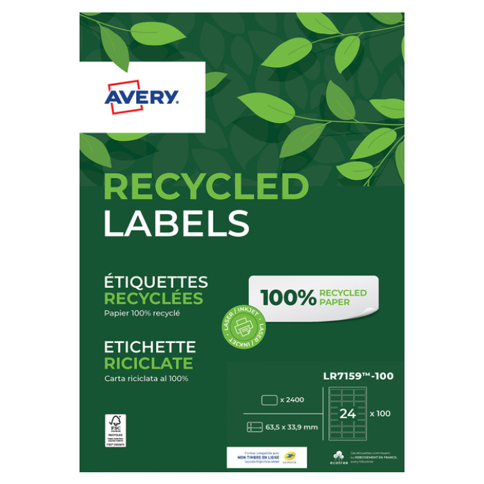 Etiket Avery LR7159-100 63.5x33.9mm recycled wit 2400 stuks