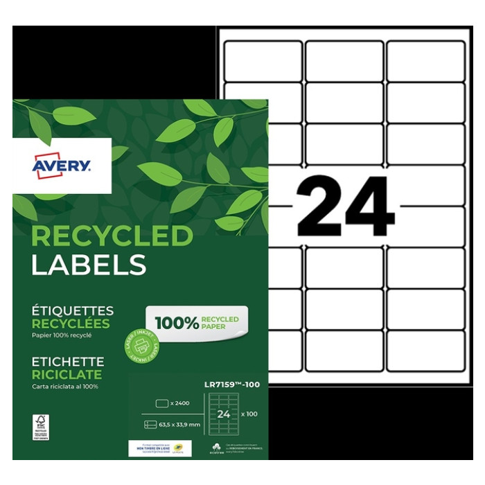 Etiket Avery LR7159-100 63.5x33.9mm recycled wit 2400 stuks