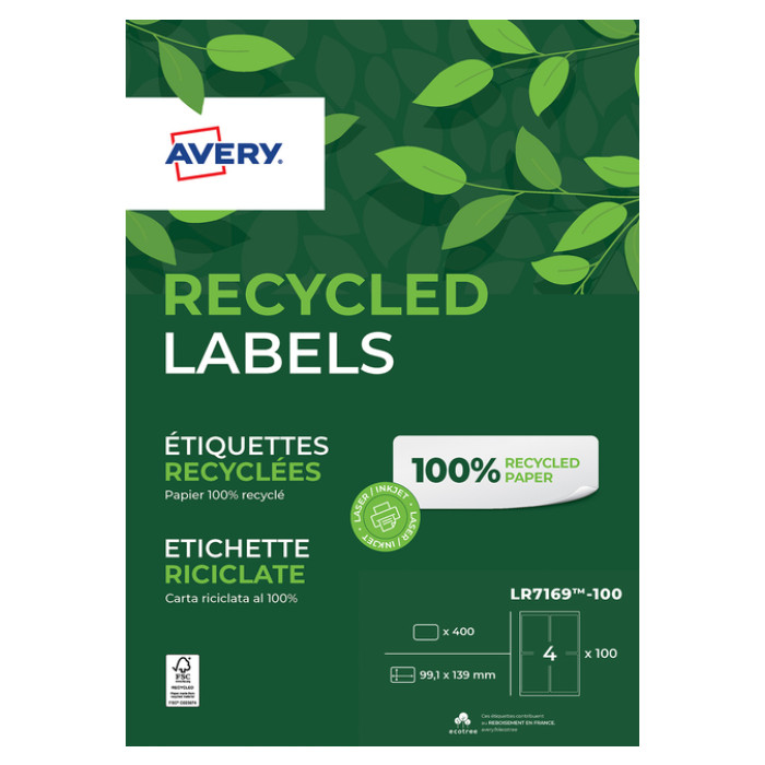 Etiket Avery LR7169-100 99.1x139 mm recycled wit 400 stuks