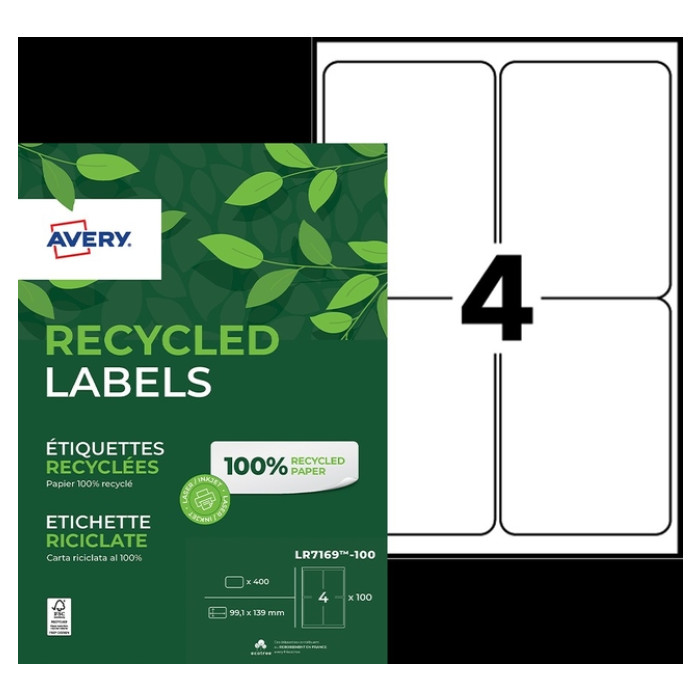 Etiket Avery LR7169-100 99.1x139 mm recycled wit 400 stuks