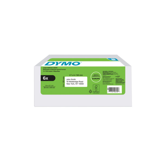 Etiket Dymo LabelWriter adressering 25x54mm 6 rollen á 500 stuks wit