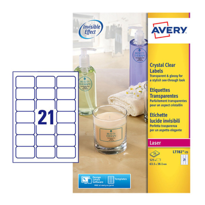 Etiket Avery L7782-25 63.5x38.1mm transparant 525 stuks