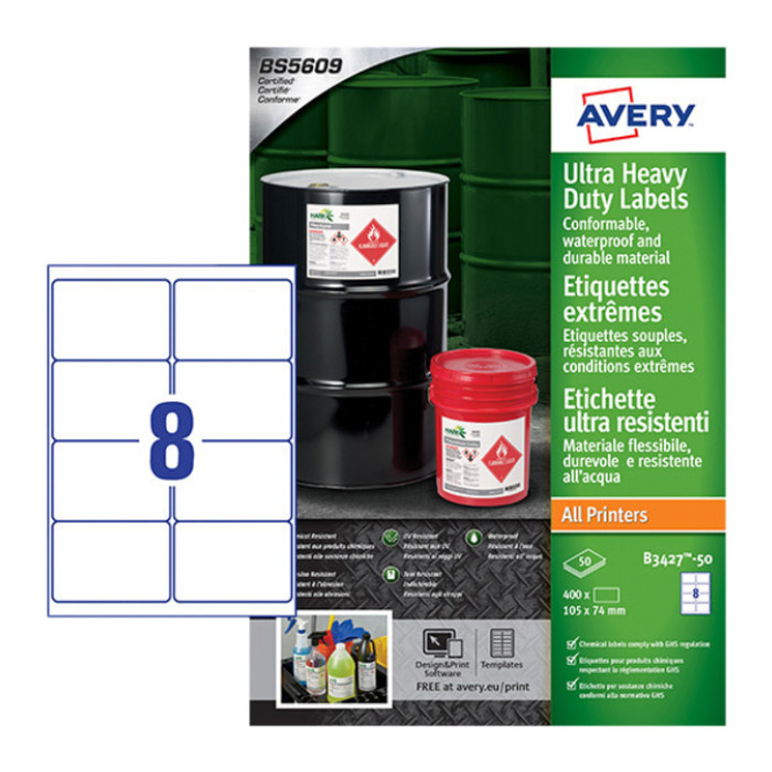 Etiket Avery B3427-50 105x74mm polyethyleen wit 400 stuks