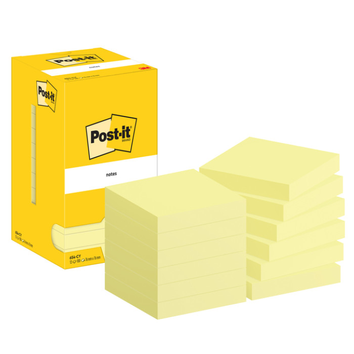 Memoblok Post-it 654 76x76mm geel 12 stuks