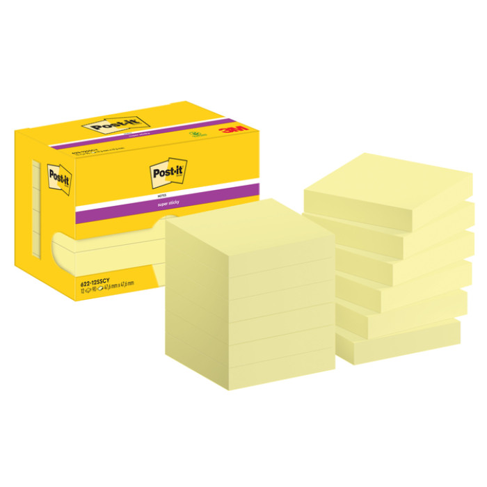 Memoblok Post-it 622 Super Sticky 47,6x47,6mm geel 12 stuks