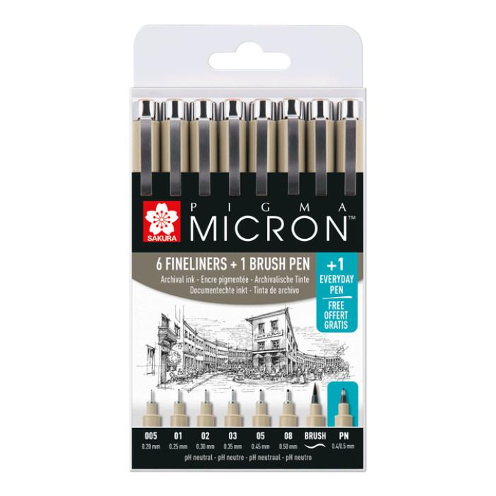 Fineliner Sakura Pigma Micron 6 schrijfbreedtes, brushpen en PN zwart