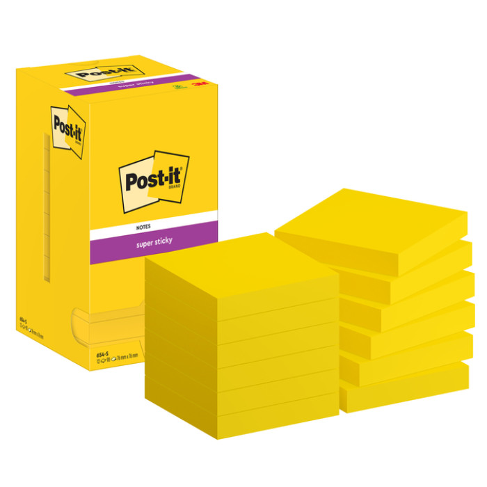 Memoblok Post-it 654 Super Sticky 76x76mm ultrageel 12 stuks