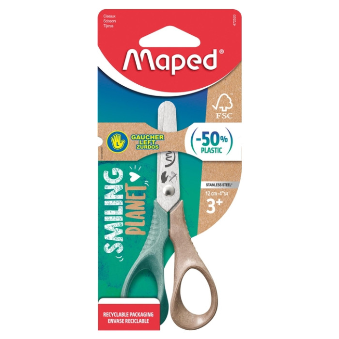 Kinderschaar Maped Smiling Planet 12cm linkshandig bruin/groen