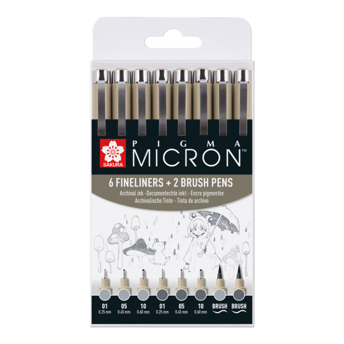 Fineliner Sakura Pigma Micron 6 schrijfbreedtes - 2 brushpen koudgrijs