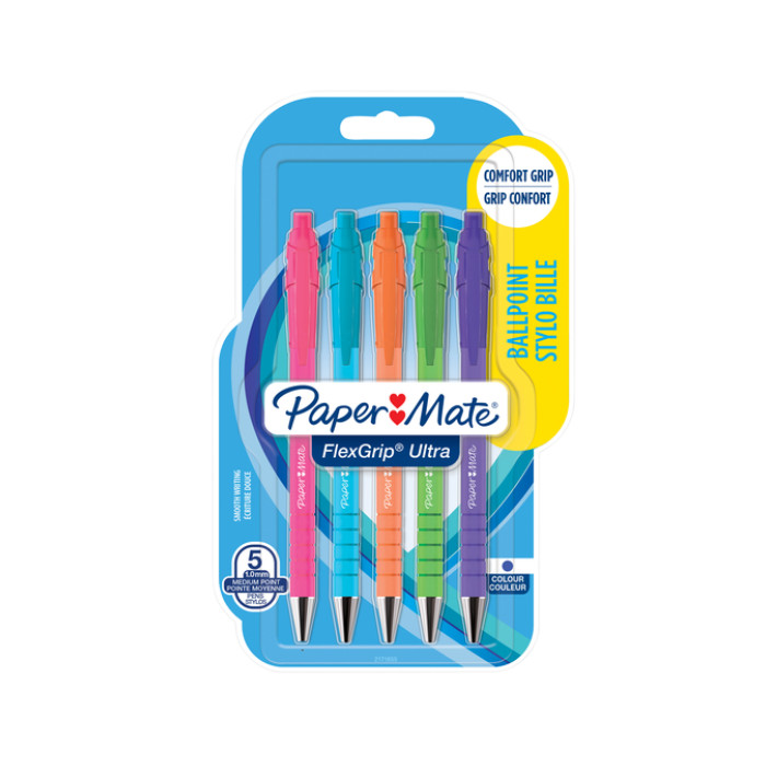 Balpen Paper Mate Flexgrip drukknop Bright fun medium assorti 5 stuks