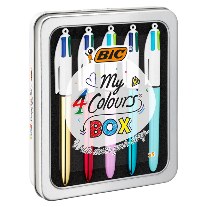 Balpen Bic 4kleuren My Bic medium assorti blik à 5 stuks