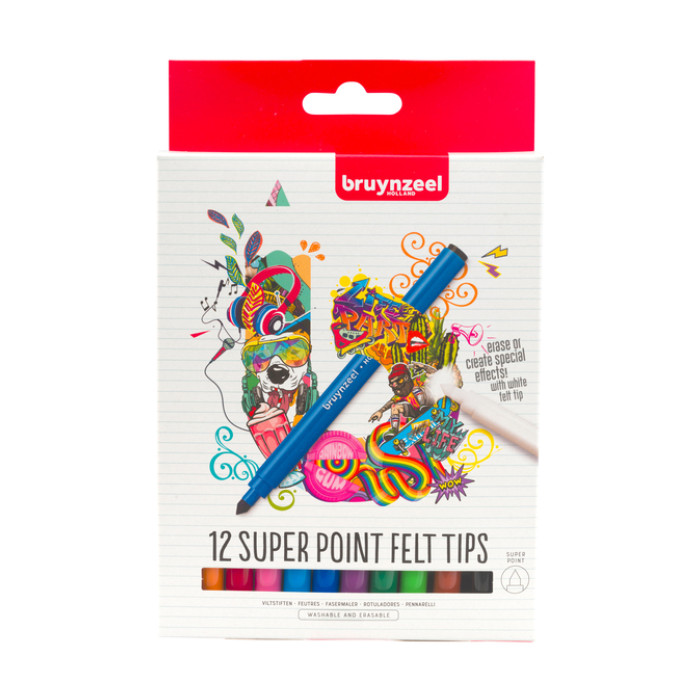 Viltstift Bruynzeel Super Point met witte wisstift assorti 12 stuks