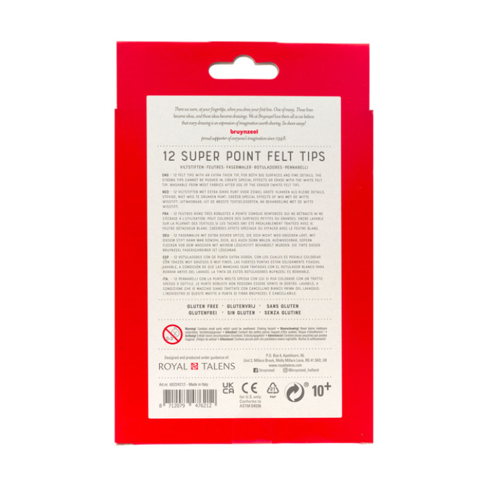 Viltstift Bruynzeel Super Point met witte wisstift assorti 12 stuks