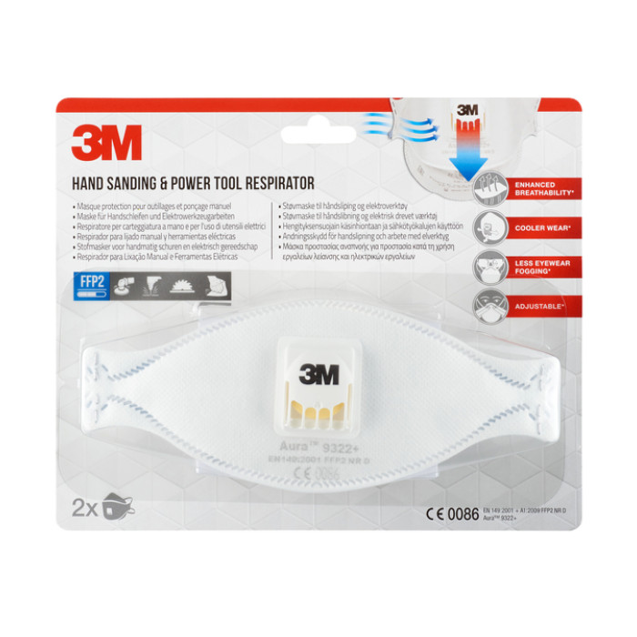 Stofmasker 3M Aura voor schuren 9322 FFP2 met ventiel 2 stuks