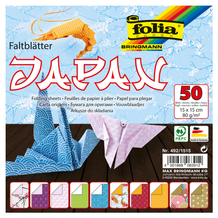 Vouwblaadjes Folia 80gr 15x15cm 50 vel 2-zijdig Japan 10 designs ass