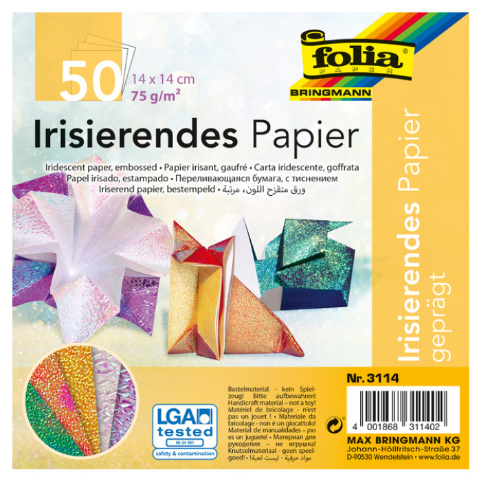 Vouwblaadjes Folia 75gr 14x14cm 50 vel 2zijdig iriserend embossing ass