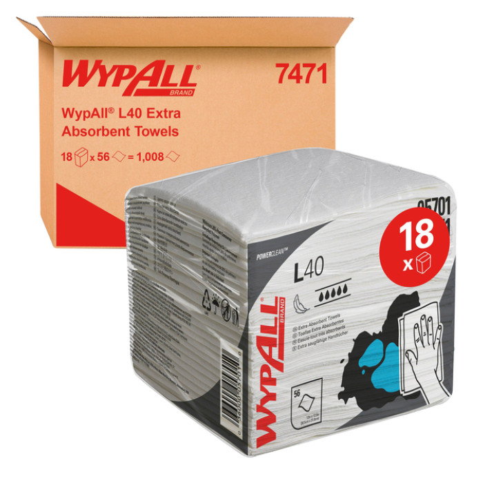 Reinigingsdoek WypAll L40 PowerClean 1-laags 18x56 vel wit 7471
