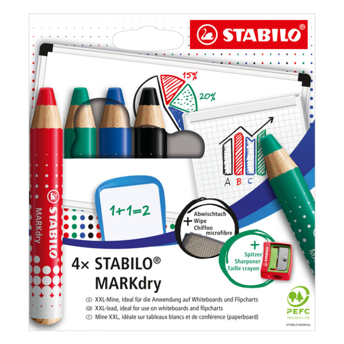 Whiteboardpotlood STABILO MARKdry 648/4 + slijper-microvezel ass 4st