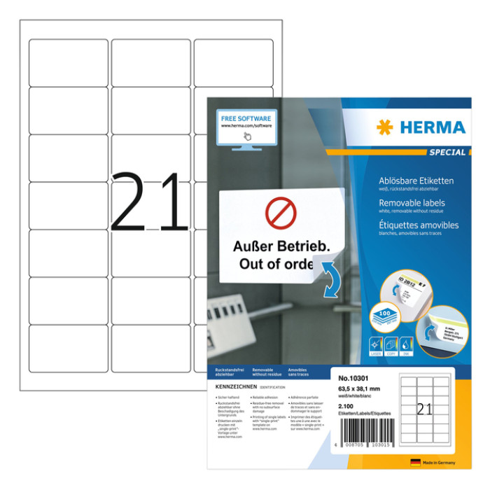 Etiket HERMA 10301 63.5x38.1mm verwijderbaar wit 2100 stuks