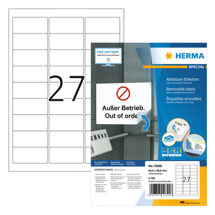 Etiket HERMA 10300 63.5x29.6mm verwijderbaar wit 2700 stuks