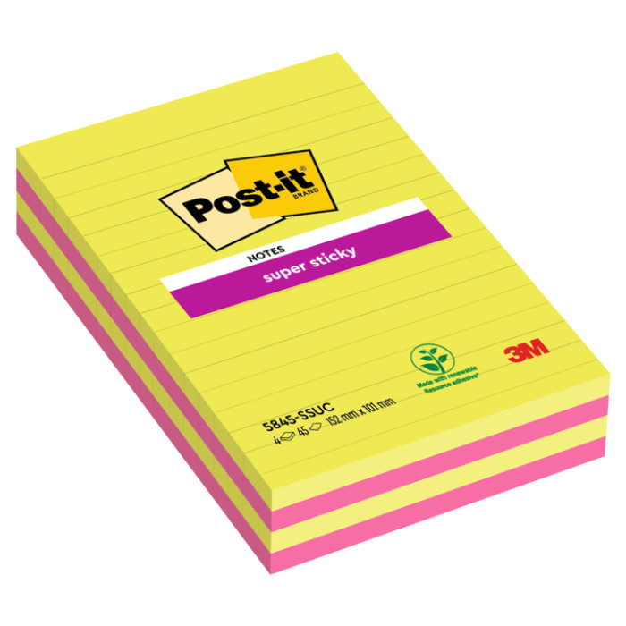 Memoblok 3M Post-it 584 127x203mm Super Sticky lijn assorti kleur 4 stuks