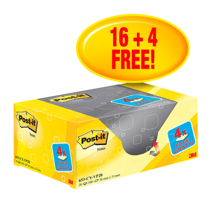 Memoblok 3M Post-it 653 38x51mm geel 16 + 4 gratis