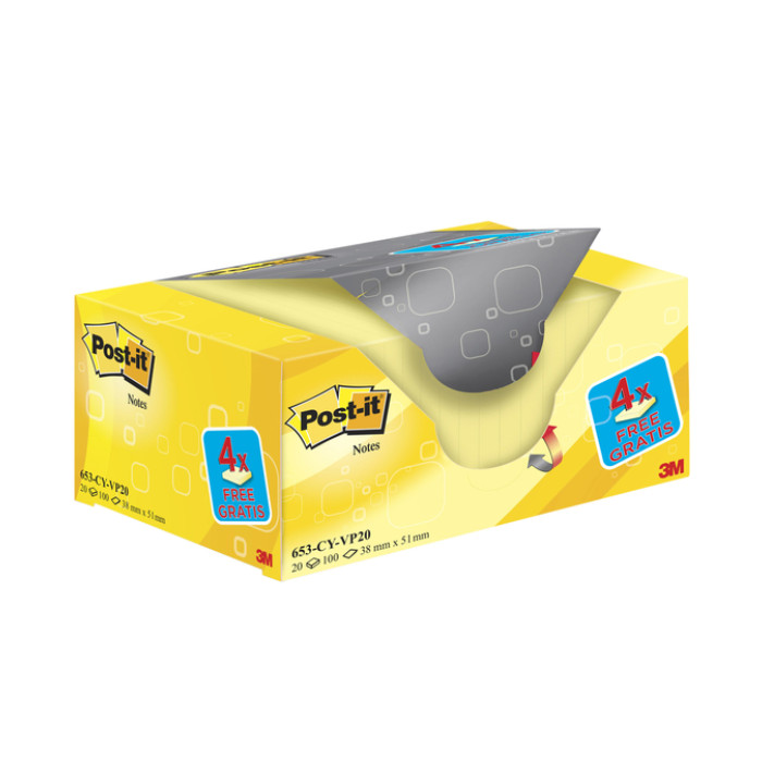 Memoblok 3M Post-it 653 38x51mm geel 16 + 4 gratis