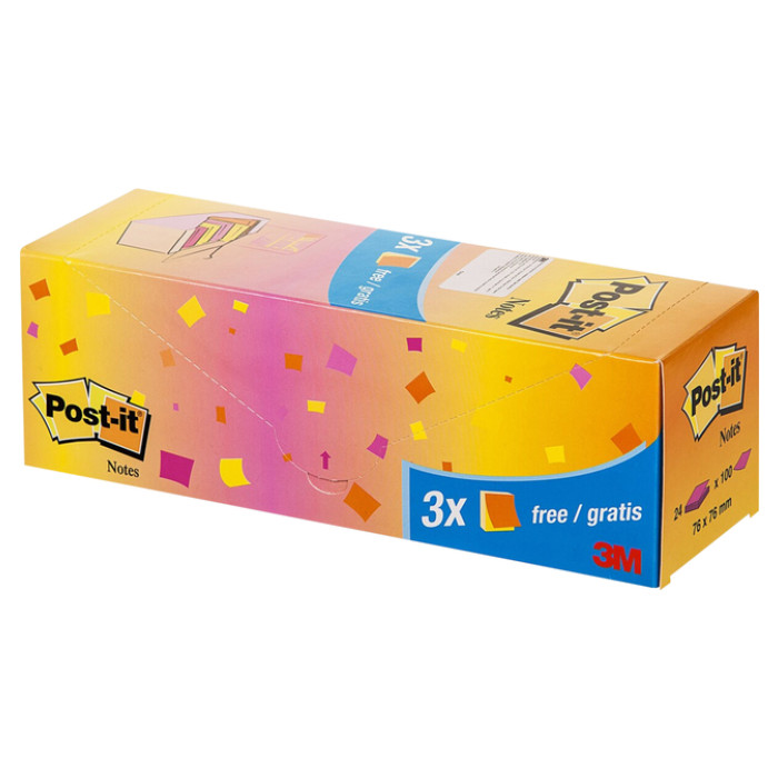 Memoblok 3M Post-it 654 76x76mm neon assorti 21 + 3 gratis