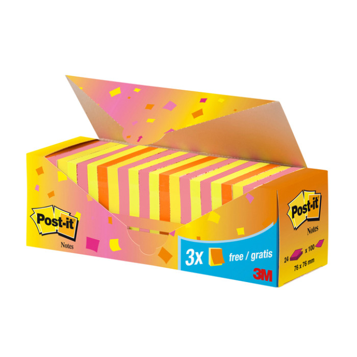 Memoblok 3M Post-it 654 76x76mm neon assorti 21 + 3 gratis