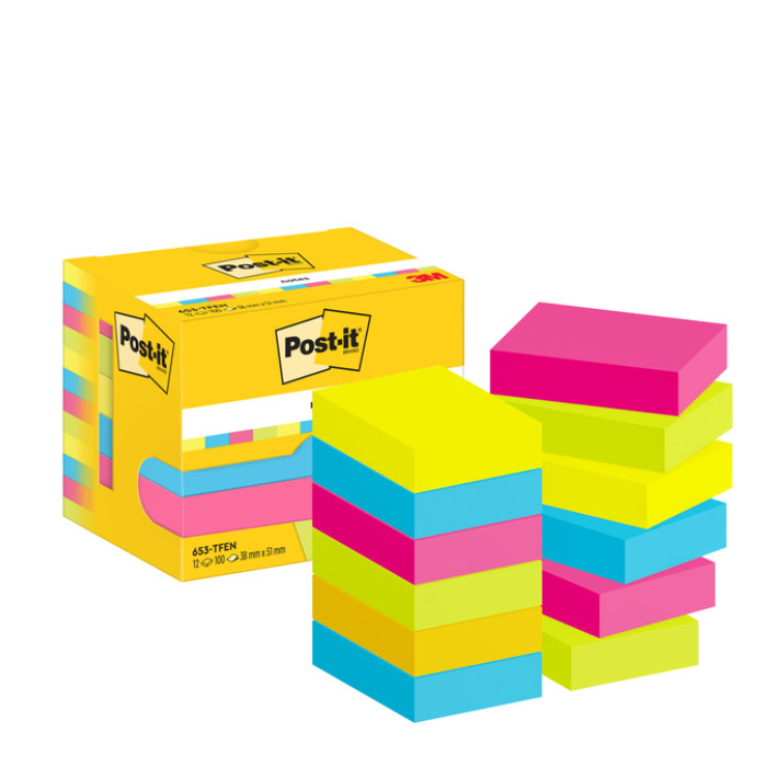 Memoblok 3M Post-it 653 38x51mm neon assorti kleur 12 stuks