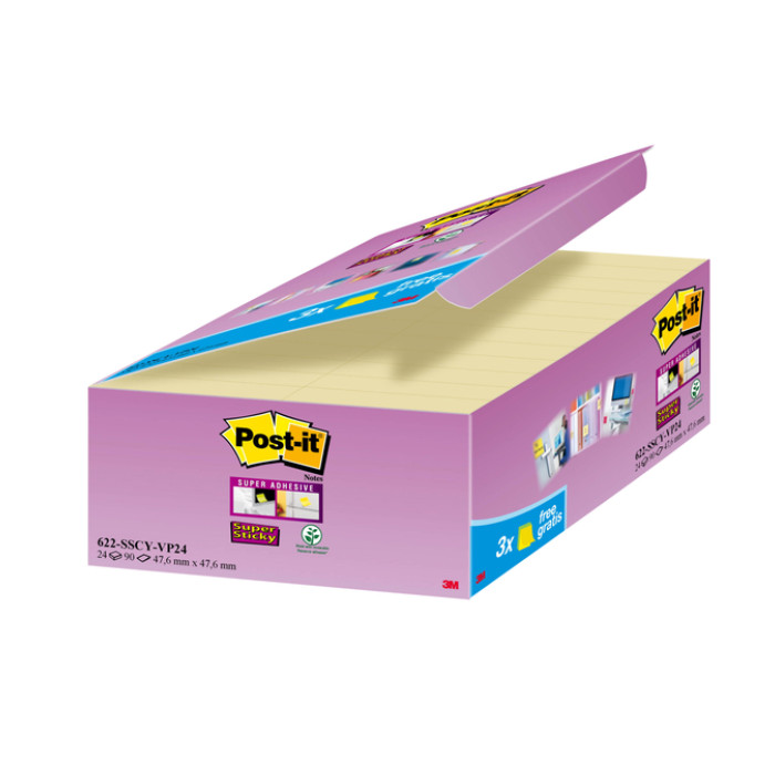 Memoblok 3M Post-it 622 Super Sticky 47.6x47.6mm geel 21 + 3 gratis