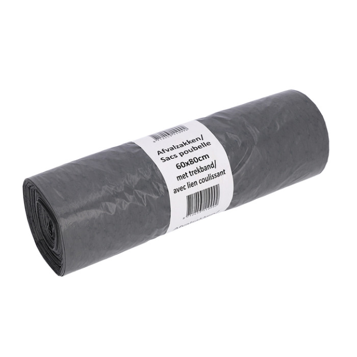 Afvalzak Cleaninq 60x80cm LDPE recycled T30 60L met trekband grijs rol à 25 stuks
