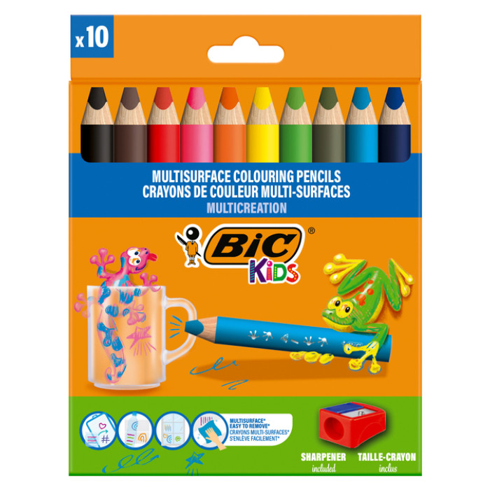 Kleurpotloden BicKids Multi Surface + puntenslijper assorti 10 stuks