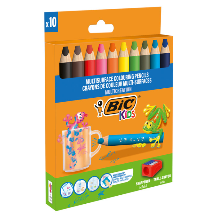 Kleurpotloden BicKids Multi Surface + puntenslijper assorti 10 stuks