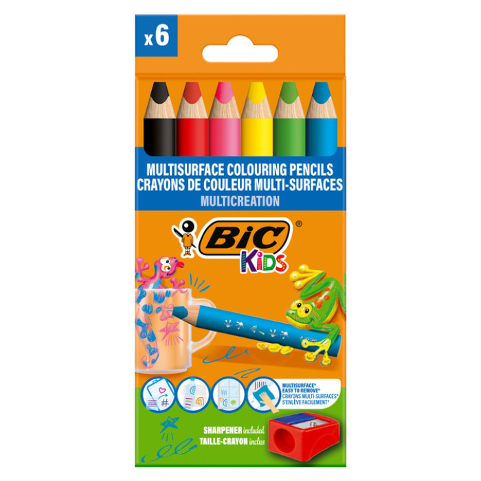 Kleurpotloden BicKids Multi Surface + puntenslijper assorti 6 stuks