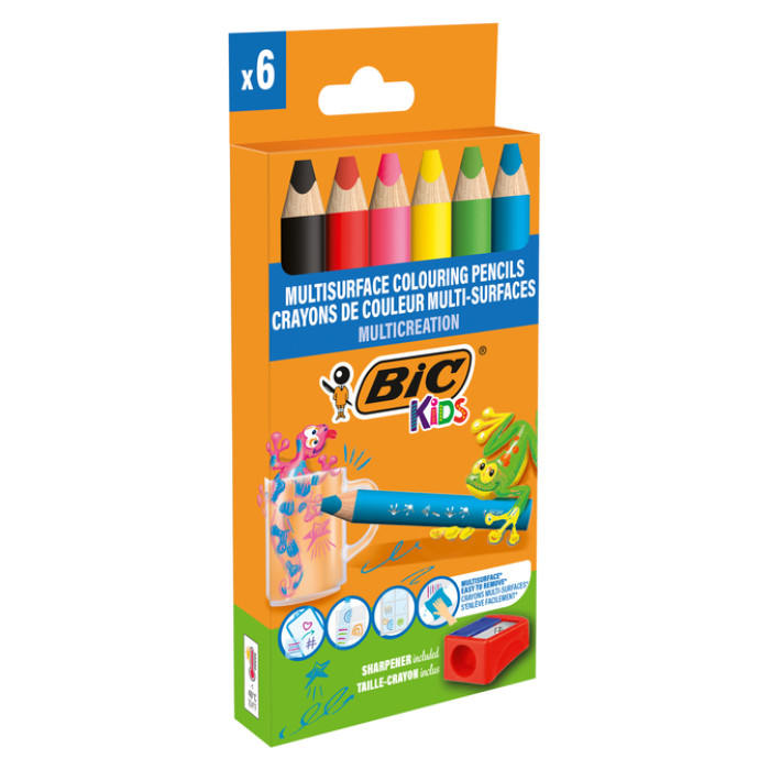 Kleurpotloden BicKids Multi Surface + puntenslijper assorti 6 stuks