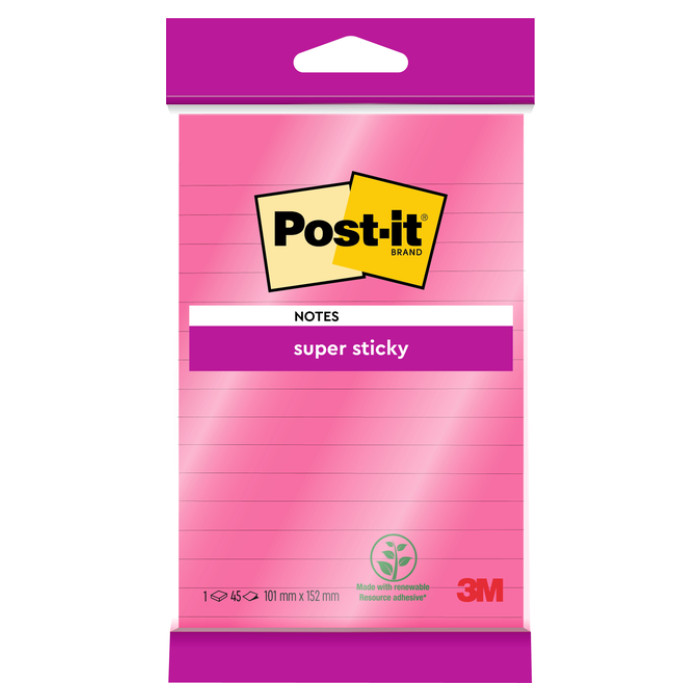 Memoblok 3M Post-it 4645 Super Sticky 101x152mm lijn roze