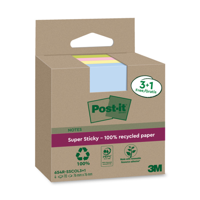 Memoblok 3M Post-it 654 RSSCOL 76x76mm assorti kleur 3+1 gratis