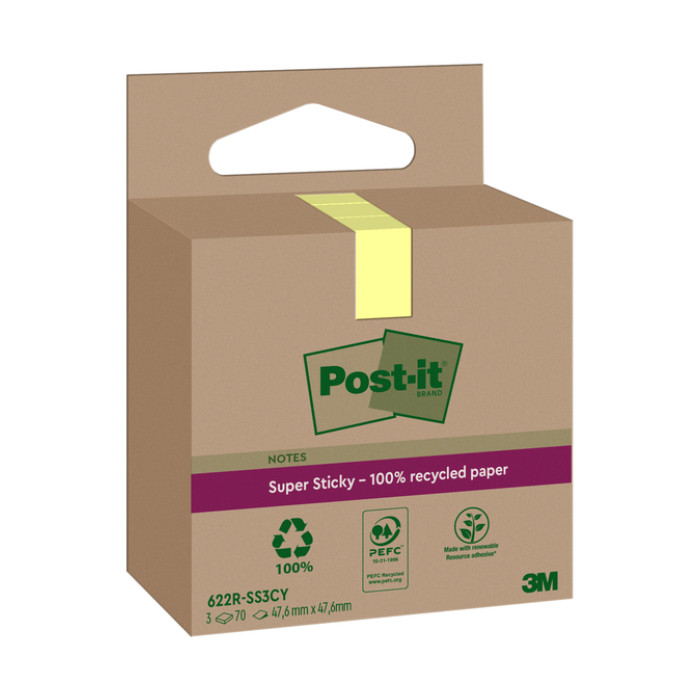 Memoblok 3M Post-it 622 RSS3CY 47,6x47,6mm geel 3 stuks