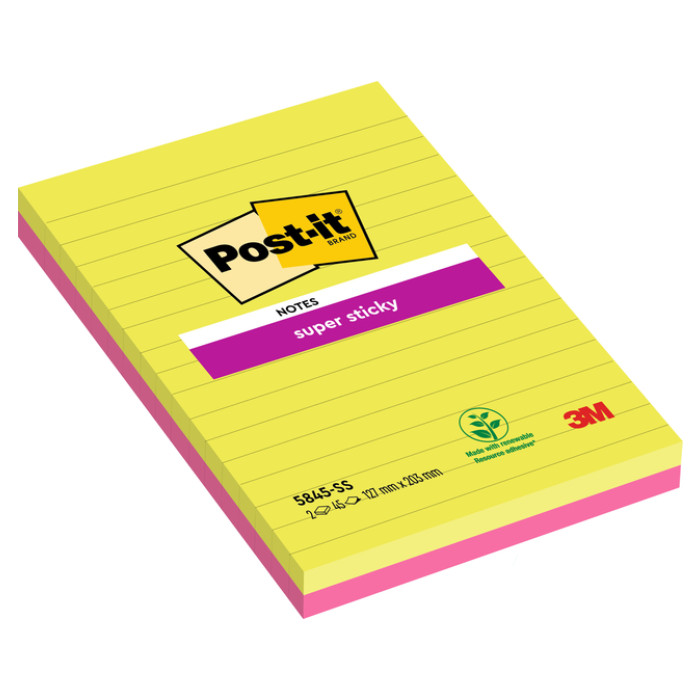 Memoblok 3M Post-it 5845 Super Sticky 127x203mm lijn assorti kleur 90 vel