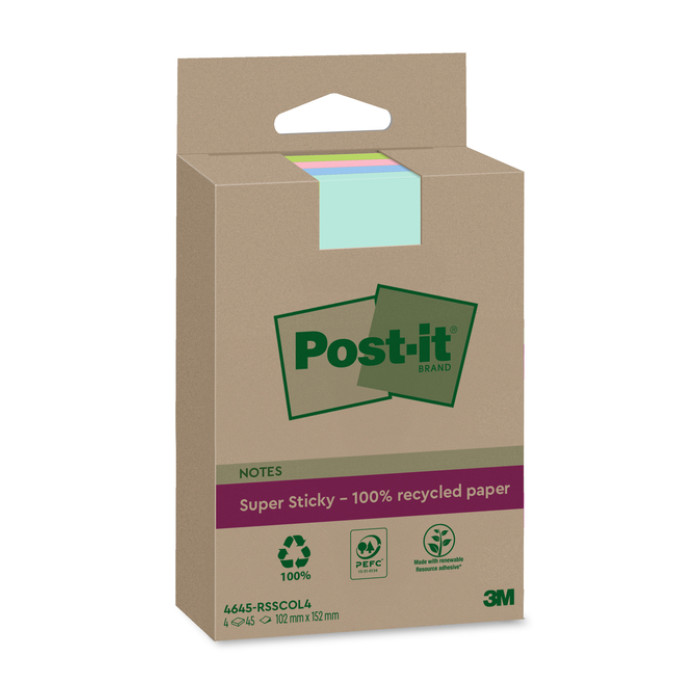 Memoblok 3M Post-it 4645-RSSCOL4 Super Sticky 102x152mm ass. Kleur 4 stuks