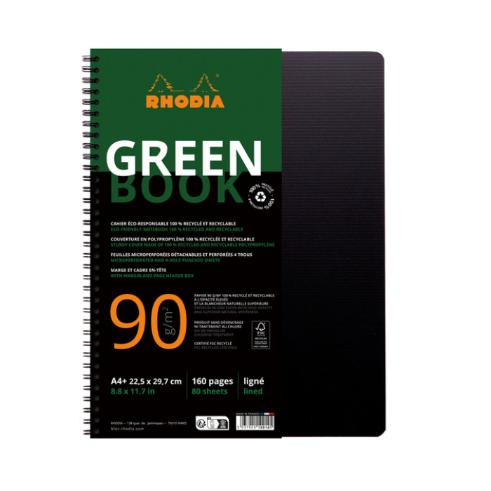 Notitieboek Rhodia Greenbook A4+ lijn 4-gaats 180 pagina's 90gr zwart