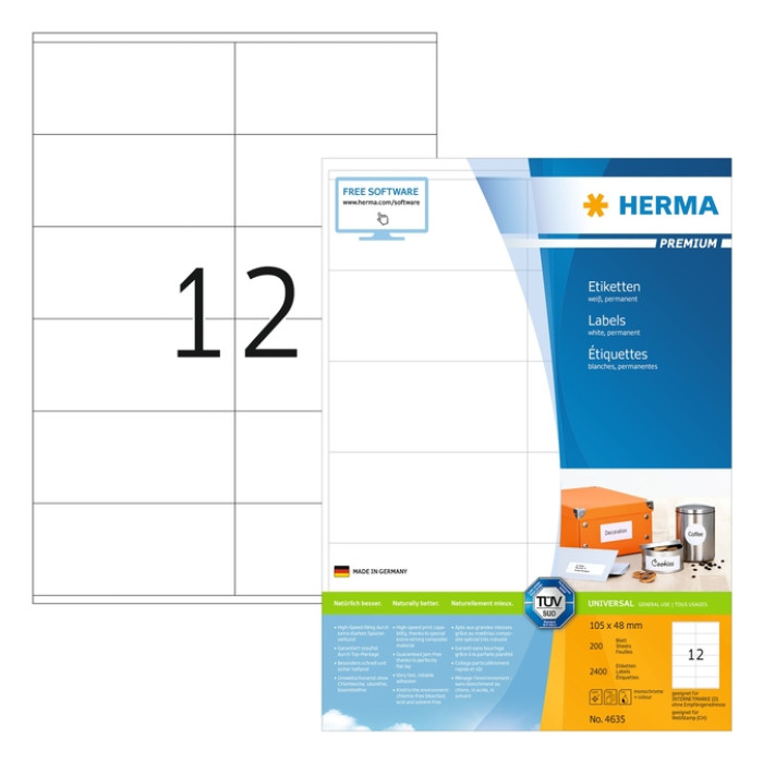 Etiket HERMA 4635 105x48mm premium wit 2400 stuks