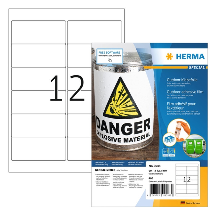 Etiket HERMA 9538 99.1x42.3mm weerbestendig wit 480 stuks