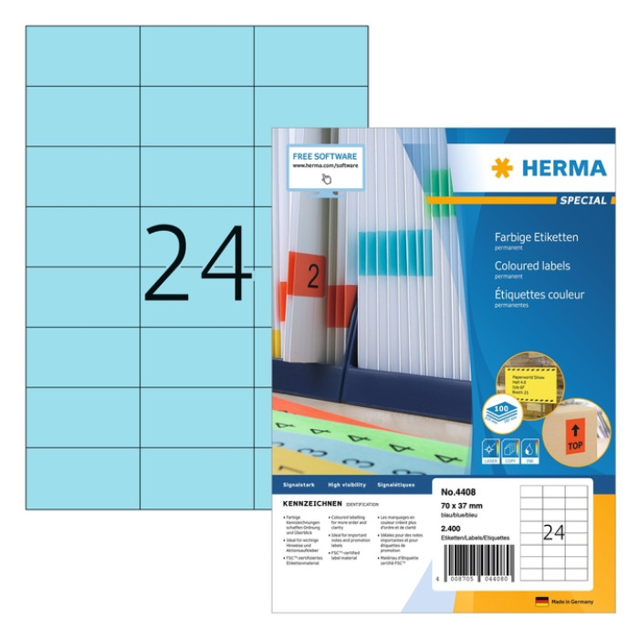 Etiket HERMA 4408 70x37mm blauw 2400 stuks