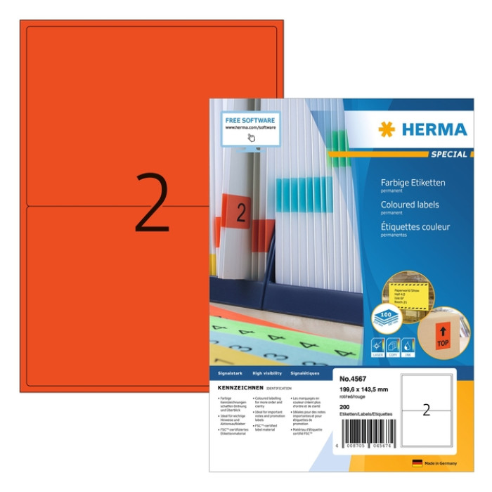 Etiket HERMA 4567 199.5x143.5mm rood 200 stuks