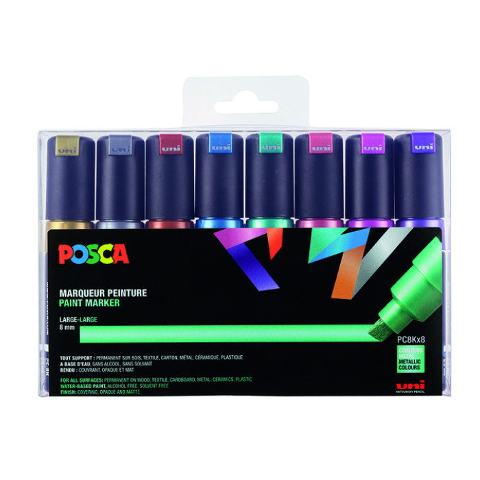 Paintmarker Uni POSCA PC8K breed schuin metallic assorti set à 8 stuks