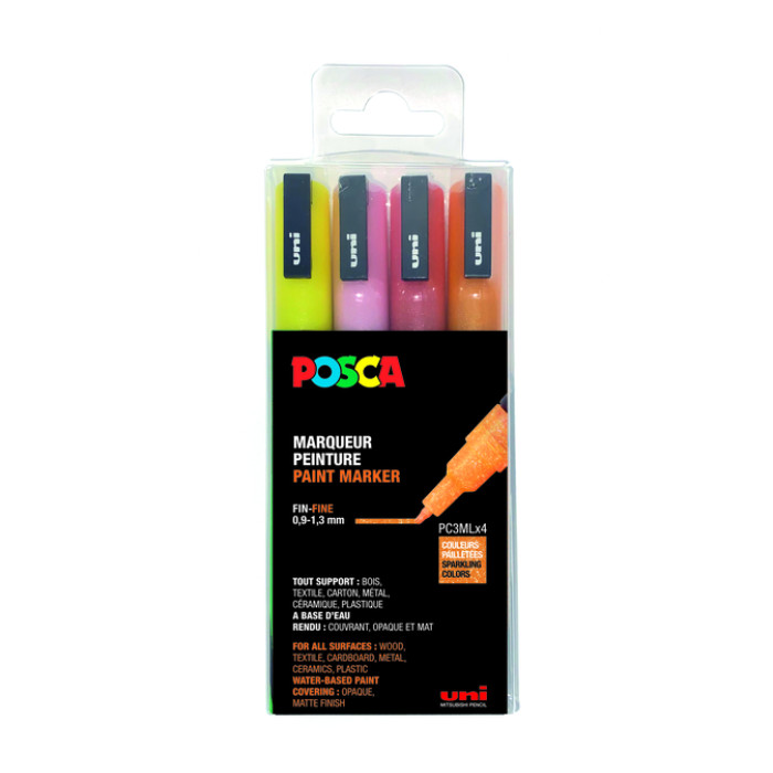 Paintmarker Uni POSCA PC3M fijn glitter warm assorti set à 4 stuks