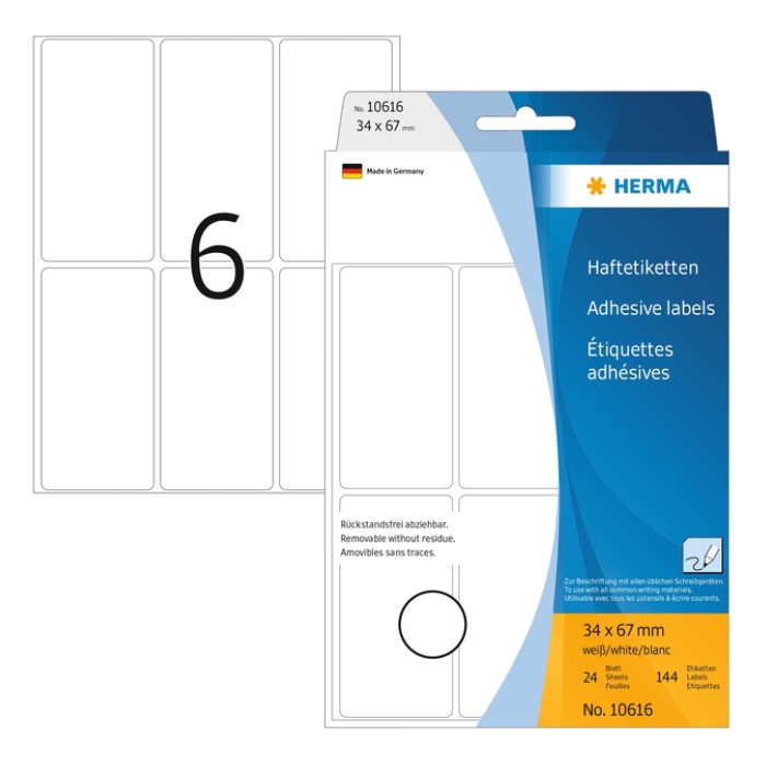 Etiket HERMA 10616 34x67mm verwijderbaar wit 144 stuks