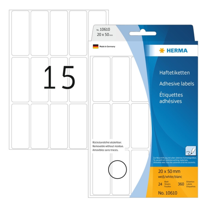 Etiket HERMA 10610 20x50mm verwijderbaar wit 360 stuks
